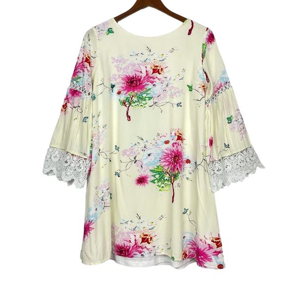 Davi & Dani | Ivory Cream Floral Bell Sleeve Boho Tunic Mini Dress - Picture 1 of 10
